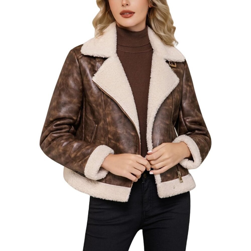 Women's Mixed Brown Leather Jacket Fur Winter Coat Warm Thick Fur Lined Faux